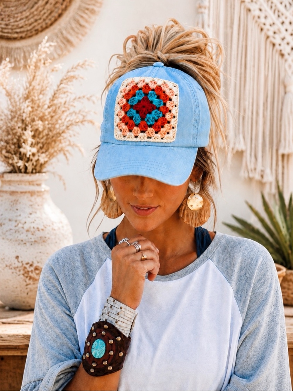 Crochet Granny Square Trucker Hat 🧢 Blue Ponytail Baseball Cap Adjustable Boho